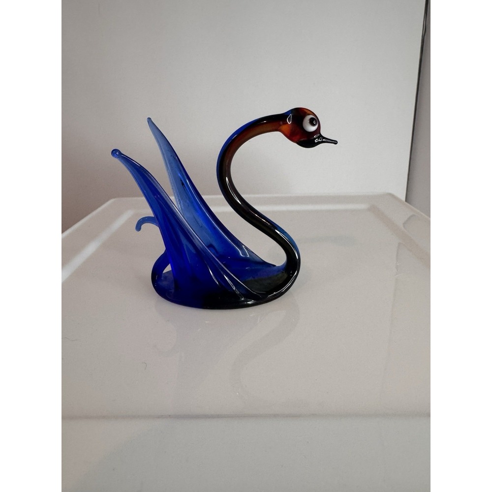 Murano Style Vintage Art Glass‎ Blue And Amber Swan 3" Has Sticker See Photos